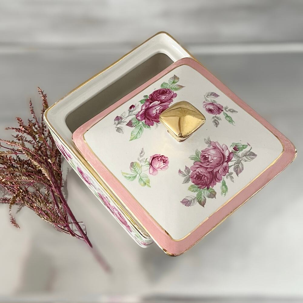 VINTAGE SICAS SESTO FIORENTINO Porcelain Serving Bowl Lidded Floral Italy Square